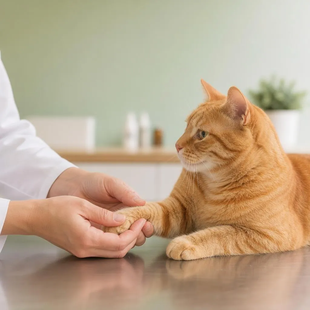 Veterinaria revisando con cuidado la pata de un gato en la consulta